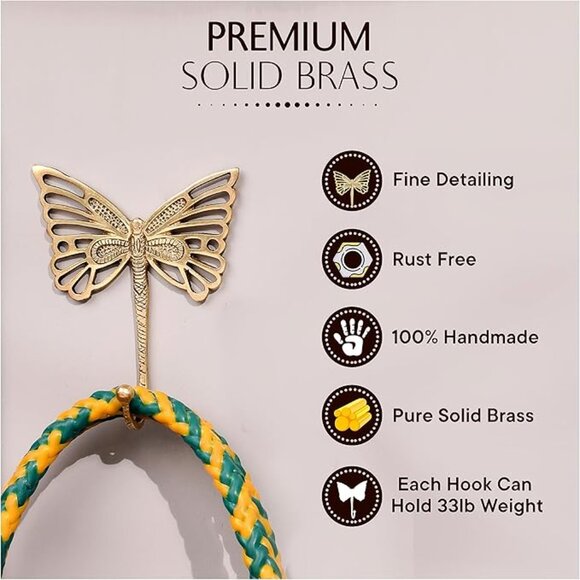 Gold Brass Butterfly Wall Hooks 3pc Set Vintage Hooks for Hanging - Picture 4 of 5